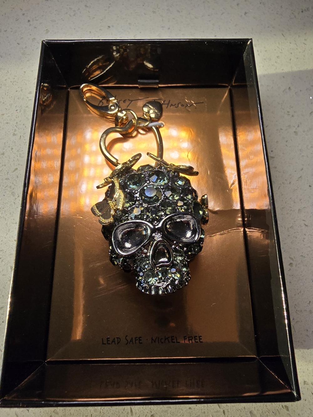 💀 New! Betsey Johnson Black Skull Rhinestone Bag Charm/Key Ring